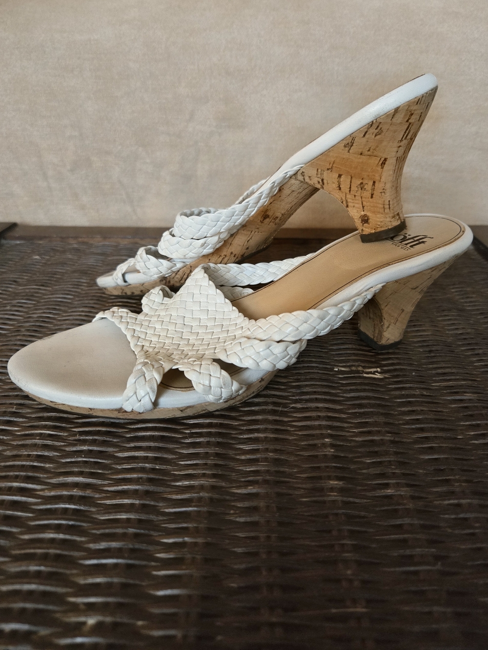 Y2K White Basket Weave Leather Cork-Heel Shoes